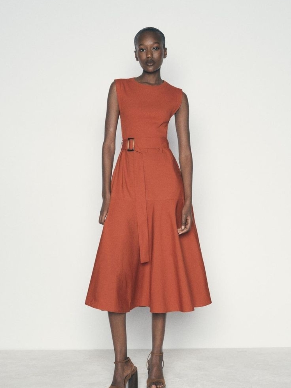 Zara Sleeveless Belted Midi Dress in Rust